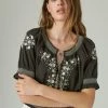 Lucky Brand Womens Embroidered Short Sleeve Top