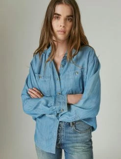 Lucky Brand Womens Indigo Double Pocket Tencel Shirt