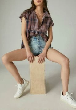 Lucky Brand Short Sleeve Babydoll Tunic Shirt in Plaid