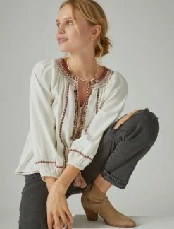 Lucky Brand Womens Long Sleeve Embroidered Peasant Blouse