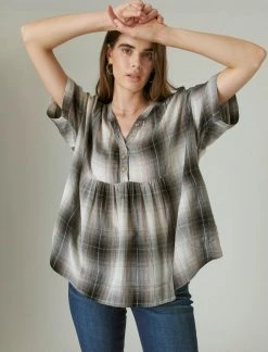Lucky Brand Womens Plaid V Neck Popover