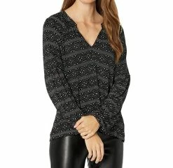 Lucky Brand Printed Long Sleeve Notched Neck Sandwash Top in Black Multi