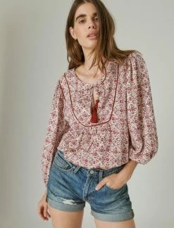 Lucky Brand Womens Floral Peasant Blouse