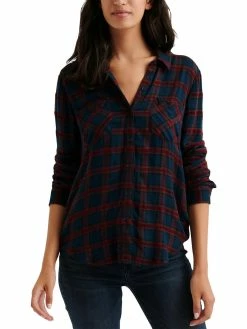 Lucky Brand Womens Chenille Plaid Button-Down Top