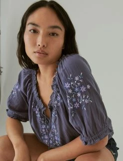 Lucky Brand Womens Embroidered Short Sleeve Peasant