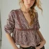 Lucky Brand Womens Printed Lace Inset Babydoll Top