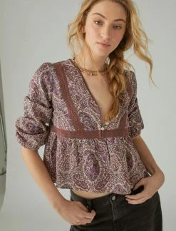 Lucky Brand Womens Printed Lace Inset Babydoll Top
