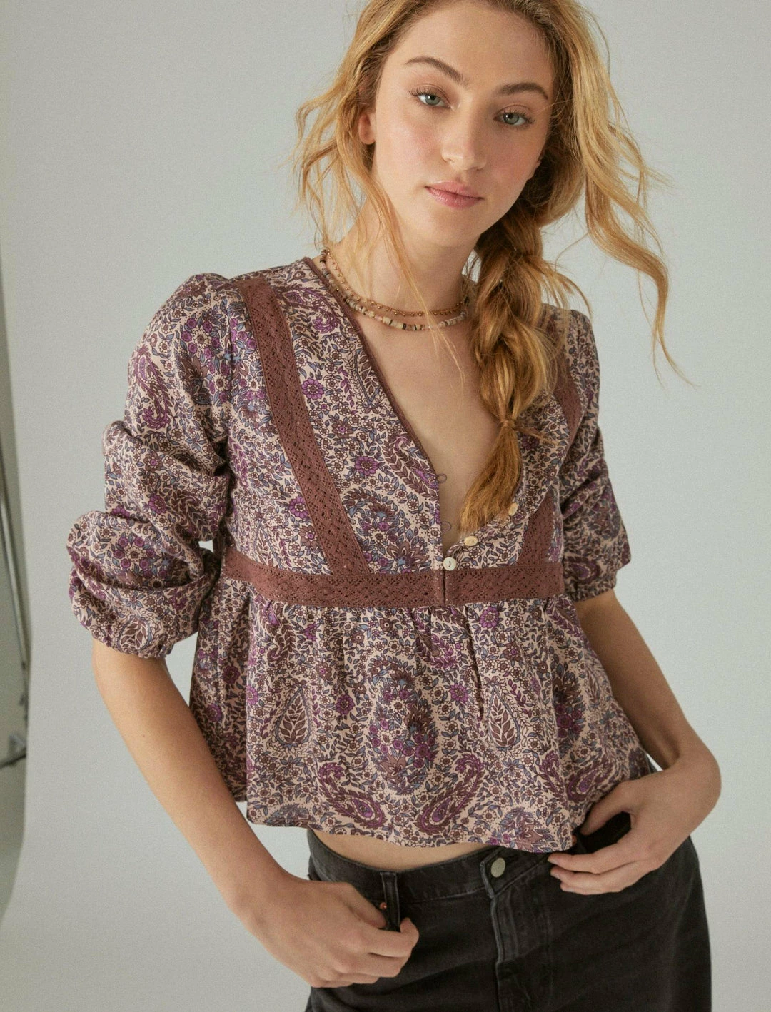 Lucky Brand Womens Printed Lace Inset Babydoll Top 1 Lucky Brand Womens Printed Lace Inset Babydoll Top