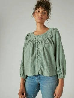 Lucky Brand Womens Embroidered Peasant Blouse