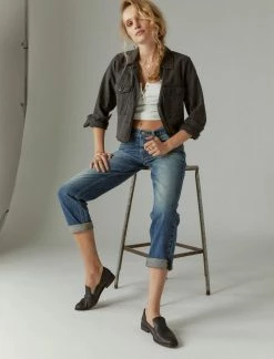 Lucky Brand Womens Distressed Cropped Trucker Jacket