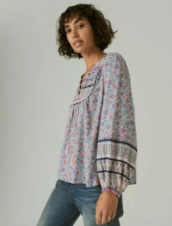 Lucky Brand Womens Lace Up Border Print Peasant Blouse