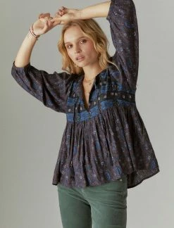 Lucky Brand Womens Print Mix Peasant Blouse