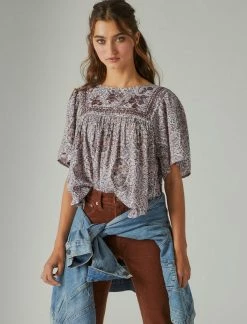 Lucky Brand Womens Short Sleeve Embroidered Top