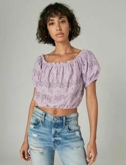 Lucky Brand Womens Off The Shoulder Lace Crop Top