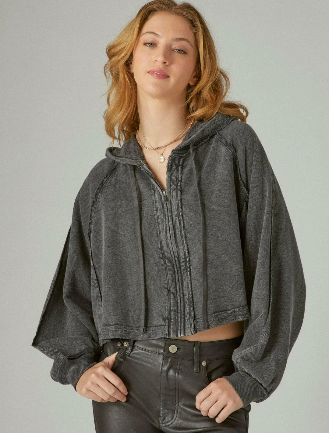 Lucky Brand Womens Raglan Raw Edge Zip Up Hoodie 2 Lucky Brand Womens Raglan Raw Edge Zip Up Hoodie - Image 2