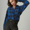 Lucky Brand Womens Oversized Distressed Plaid Shirt