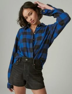 Lucky Brand Womens Oversized Distressed Plaid Shirt