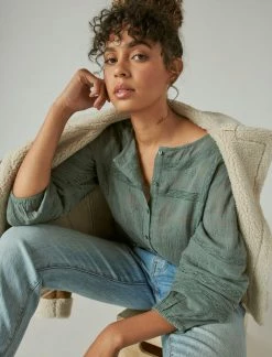 Lucky Brand Womens Textured Popover Blouse