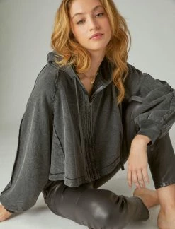 Lucky Brand Womens Raglan Raw Edge Zip Up Hoodie