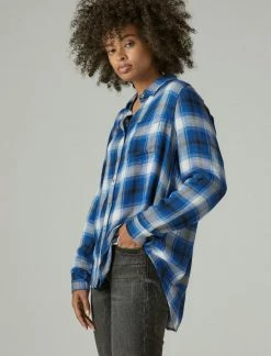 Lucky Brand Womens Cloud Plaid Boyfriend Button Up Shirt